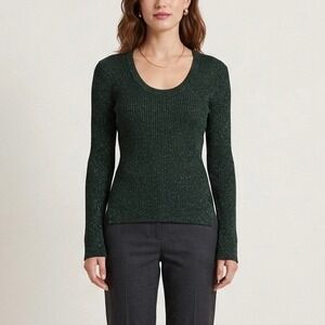 Apiece Apart Green Metallic Ribbed Scoop Neck Long Sleeve Sweater Top Medium
